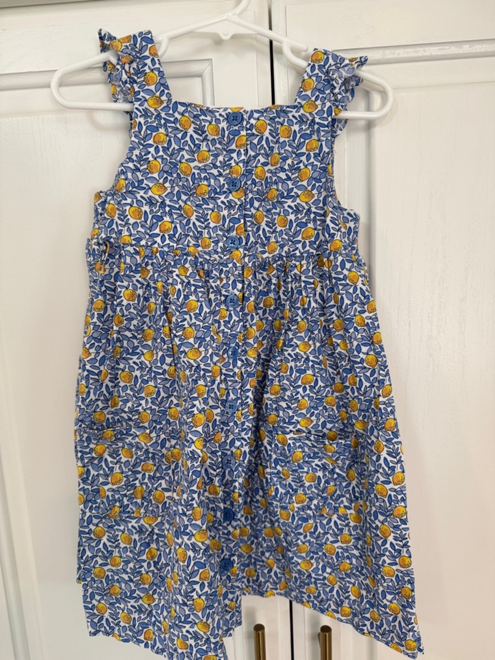 JoJo Maman Bebe Blue and Yellow Lemon-Print Sundress with Ruffle Straps